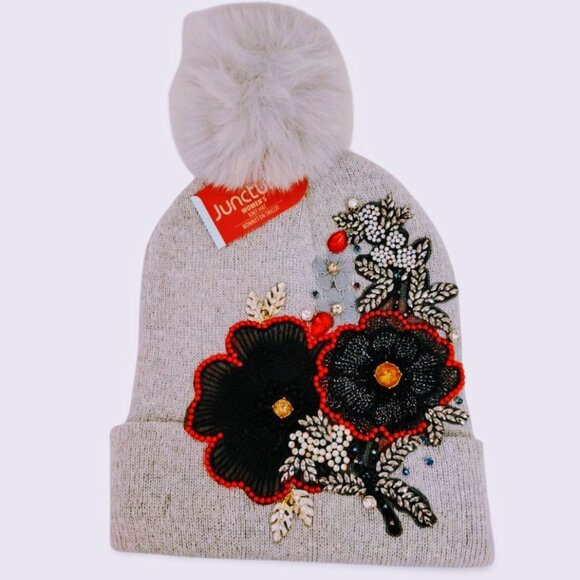 Cozy Grey & Black Floral Embellished Crystal Rhinestone Junk Pom-pom Beanie Hat - Picture 3 of 5